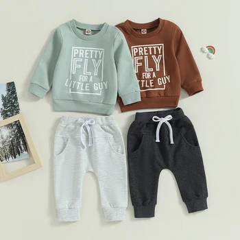 0-3 Yıl Yürümeye Başlayan Çocuk Giysileri Sonbahar Pantolon Setleri Uzun Kollu Mektup Baskı Kazak Üstleri ve İpli Sweatpants Setleri Görüntü