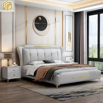 1.8 metre çift kişilik yatak, 1.5 metre deri sanat yatak, yatak odası, modern ve basit Avrupa yumuşak yatak, hafif lüks düğün yatağı Görüntü