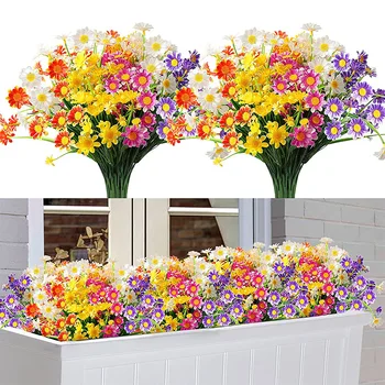 10/20 ADET UV Koruma Yapay Sahte Çiçekler Papatya Buketleri Dekorasyon için Açık Havada İpek Sahte Çiçekler Kaynaklanıyor Ev Dekor için Görüntü