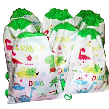 10-50 adet Dinozor Parti İpli Çanta Karikatür Dinozor büzgülü sırt çantası dokunmamış hediye çantası Dino Temalı Doğum Günü Partisi Dekoru Görüntü