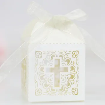 100/50/10 adet Lazer Kesim Çapraz şeker kutusu Ambalaj Favor Kutuları Doğum Günü Vaftiz Vaftiz Düğün Evlilik Parti Dekorasyon Görüntü