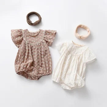 1243A Bebek Kız Giysileri 2022 Yaz Yeni Dantel Uçan Kollu Bodysuit Bebek Kız Tırmanma Giysileri Düz Renk Sinek Kollu Tulum Görüntü