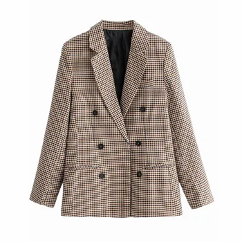 2022 YENİ Kadın Ofis Kruvaze Onay Blazers Ceket Vintage Uzun Kollu Cepler Kadın Takım Elbise Giyim Şık Casual Tops JH91 Görüntü