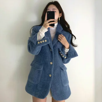 2022 Yeni Çift Cepler Sıcak Palto Kadınlar Kore Şık Çentikli Yaka Düz Ceketler Sonbahar Kış Vintage Tek Göğüslü Tops Görüntü