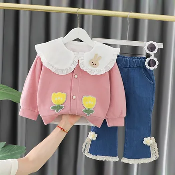 2023 3 adet / takım Yenidoğan Bebek Kız Kıyafet Uzun Kollu Aplike Ceket Gömlek Düz Kot Pantolon Sonbahar Kış Giysileri Görüntü