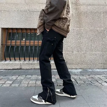 2023 Ayak Bileği Fermuar Siyah Streetwear Joggers erkek Kargo pantolon Y2K Hip Hop Düz Rahat İpli Uzun Pantolon Pantaloni Uomo Görüntü