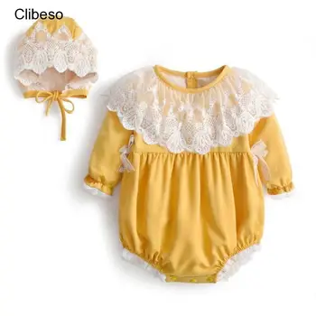 2023 Clibeso İspanyolca Bebek Kız Bodysuits Sonbahar Çocuklar Dantel pamuk tulumlar Şapka ile Bebekler Kawaii Bodysuits çocuk kıyafetleri Görüntü