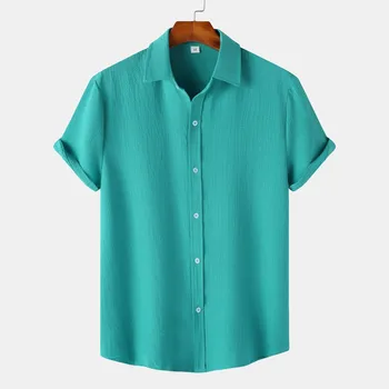 2023 Doku Pamuk Düz Renk Gömlek Casual Streetwear Düğmeler Turn Down Kısa Kollu yazlık gömlek Erkekler için Lüks Eğlence Görüntü