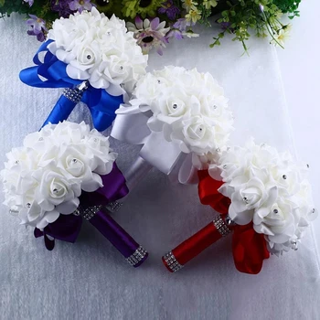 2023 Güzel Beyaz Kristal Güller İnci Nedime Mor Kraliyet Mavi Düğün Buket Gelin Yapay İpek Çiçek Dekorasyon Görüntü