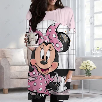 2023 Harajuku Uzun Kollu Komik Karikatür Sonbahar Kadınlar Casual Büyük Boy T Shirt Disney Minnie Mickey Karikatür Baskı Kadın Üst Görüntü