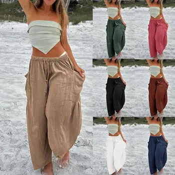 2023 Kadın Elastik Bel Cep Pilili Yüksek Bel Geniş Bacak Pantolon Gevşek Rahat Pamuk Kenevir Pantolon sweatpants kore tarzı kum Görüntü