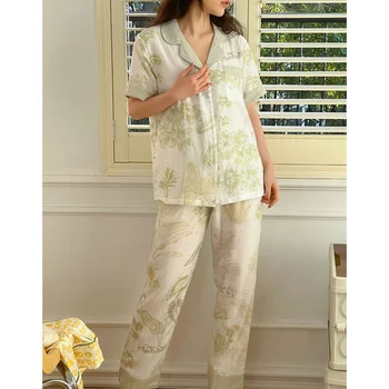 2023 Kadın Pijama Yaz Bambu Elyaf Gazlı Bez Pijama Taze Kısa kollu Üst Pantolon Takım Elbise Kadın 2 Parça Set Ev Giysileri Görüntü