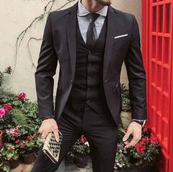 2023 Klasik Slim Fit Resmi Siyah Bordo Damat Smokin Erkekler Düğün Takım Elbise Seti İş Adamı Ceket Yelek Pantolon İle 3 adet Görüntü