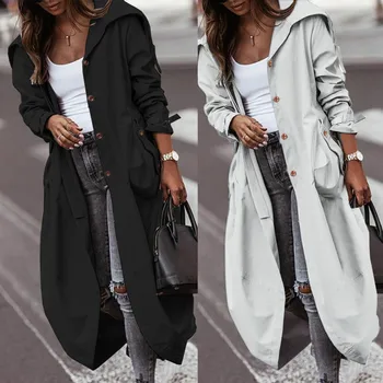 2023 Sonbahar Kapşonlu Rüzgarlık Bayanlar Uzun Trençkot Giyim kadın Giyim Düğme Katı Ceketler Cepler İle Chaquetas Görüntü