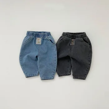 2023 Sonbahar Kore Bebek Pantolon Katı Bebek Erkek Kız Kot Pamuklu Yürümeye Başlayan Düğme kot pantolon Çocuk Kot Gevşek Pantolon 0-3Y Görüntü