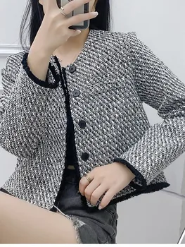 2023 Sonbahar Kış Yeni Küçük Kokulu Tüvit Ceket Ceket Kadınlar için Kore Moda Ofis Bayan Mont Görüntü