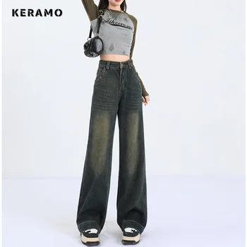 2023 Sonbahar Retro Tarzı Düz Vintage Yüksek Bel Kot Y2K Tam Boy Pantolon Kore kadın Geniş Bacak Baggy Kot Pantolon Görüntü