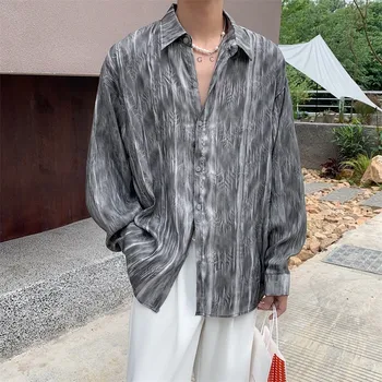 2023 Takım Elbise Yaka Dökümlü Doku Gömlek Vintage Casual Düğme Aşağı Uzun Kollu Gömlek Erkekler için Baskılı Lüks Giyim M-3XL Görüntü