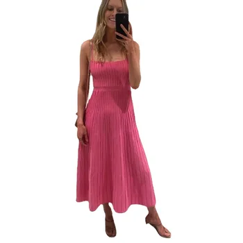 2023 Yaz Kadın Straplez İnce Yüksek bel Kayışı Örme Elbise Sahil Tatil Pilili Uzun Etek Uzun Elbiseler Kadınlar için Görüntü