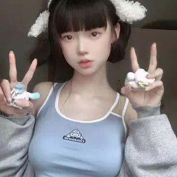 2023 Yaz Sanrioed Kadın Kırpma Üstleri Kawaii Seksi Anime Kuromi Cinnamoroll Moda Kaşkorse Y2K Kızlar Yelek Ins Tee Üst Streetwear Görüntü