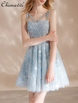 2023 Yaz Yeni Kristal Elmas Prenses Elbise Tatlı yapay elmas kemerli elbise kadın Kolsuz Yüksek Bel A-Line Parti Elbise Görüntü