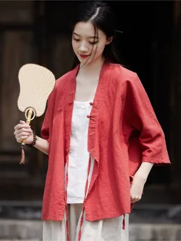 2023 Yaz Yeni Çin Vintage Pamuk ve Kenevir Ceket kadın Ayakta Boyun Lace up Zen Çay Üst Kısa İnce Ceket Görüntü