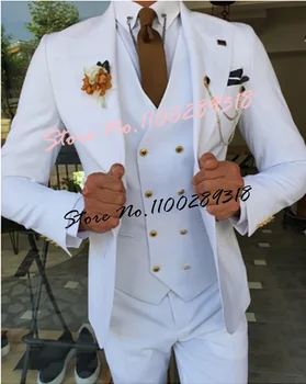 2023 Yeni Beyaz Erkek Takım Elbise Seti Groomsmen Damat Giyim Smokin Kostüm Homme Mariage iş elbisesi Erkekler İçin 3 ADET (Blazer + Yelek + Pantolon) Görüntü