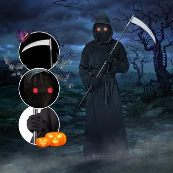 2023 Yeni Grim Reaper Takım Elbise Korku Parlayan Gözlük Cadılar Bayramı Korku kostüm Tırpan Şeytan Koyu Messenger Cosplay Seti Görüntü
