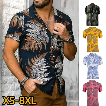 2023 Yeni Yaz POLO GÖMLEK erkek Moda Düğme Gömlek Günlük Rahat Kısa kollu Yaprak Baskı Gömlek Plaj Trend Gömlek XS-8XL Görüntü