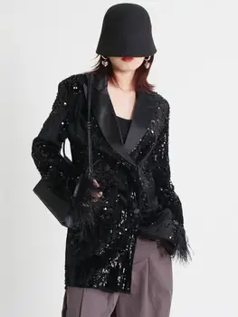 2023 Yeni Yüksek Kalite moda Tasarımcısı Blazer Kadın Çift Aslan Düğmeler Şal Yaka Glitter Payetli Uzun Pist Siyah Blazers Görüntü
