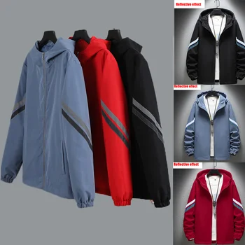 2024 Sonbahar Yeni Rahat Ceket Erkekler Uzun Kollu Yansıtıcı şerit Kapşonlu Rüzgarlık İnce Streetwear Artı boyutu 7XL Dış Giyim Görüntü