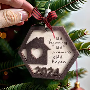 2024 Yeni Yıl Asılı Dekorasyon Yeni Başlangıç Yeni Anılar Yeni Ev Doğal masif ahşap El Sanatları Yeniden Kullanılabilir Noel ağaç dekor Kolye Görüntü