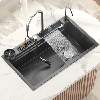 304 paslanmaz çelik lavabo Şelale Mutfak Akıllı Nano Çok Fonksiyonlu Lavabo Siyah Lavabo Bulaşık Makinesi Mutfak Aksesuarları Görüntü