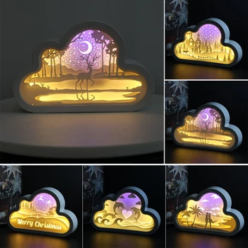 3D Kağıt Oyma Lamba Yuvarlak Dikdörtgen Köşeler Bulut Yaratıcı Ayna Gece Lambası USB Şarj Kişiselleştirilmiş Masaüstü Süs Görüntü