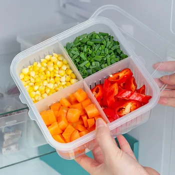 4 İzgaralar Buzdolabı Taze Tutma kutusu şeffaf plastik saklama kabı Meyve Sebze Drenaj Sebzelik Mutfak Saklama Kabı Mutfak Gadget Görüntü