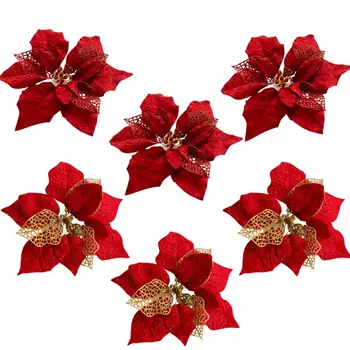 5 adet Noel Çiçekler Kırmızı Altın Bling Ipek yapay çiçek Başları Noel ağaç dekor Navidad Yeni Yıl Ayarı Malzemeleri Görüntü