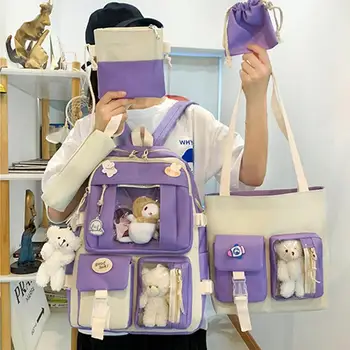5 adet Setleri Harajuku Kawaii Çocuklar okul sırt çantası Sevimli kadın Sırt Çantası Bookbag laptop çantası Genç Kızlar İçin Sırt Çantası Öğrencileri Çantası Görüntü