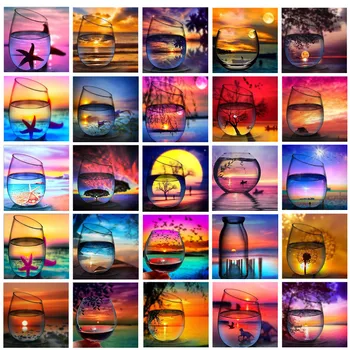 5D Elmas Boyama şarap bardağı Manzara Kombinasyonu DIY Plaj Yansıma Yuvarlak Elmas Nakış Döşeme Mozaik Ev Dekor Görüntü