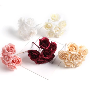 6 adet İpek Gül yapay Çiçek Buket Düğün Parti Dekorasyon DIY El Yapımı Çelenk Hediye Scrapbooking Craft Sahte Çiçekler Görüntü