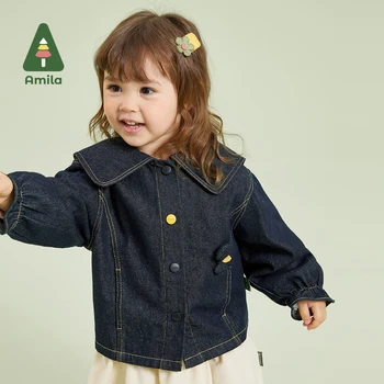 Amila Bebek Kız Denim Ceket için 2023 Sonbahar Yeni Kare Boyun Sıcak Baskı Rahat Jean Giyim Ceket Moda Çocuk Giyim Görüntü