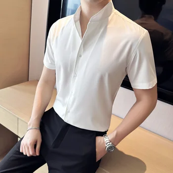 Artı Boyutu 4XL-M Yaz Yeni Kısa Kollu Gömlek Erkekler İçin Giyim 2023 Tüm Maç İş resmi giysi Slim Fit Casual Smokin Elbise Görüntü