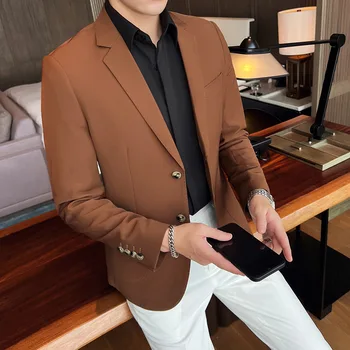 Bahar Yeni Kore Versiyonu İnce Erkek Blazer İş Mizaç İki Düğme Ceket Düz Renk Takım Elbise erkek Tek Takım Elbise Üst Görüntü