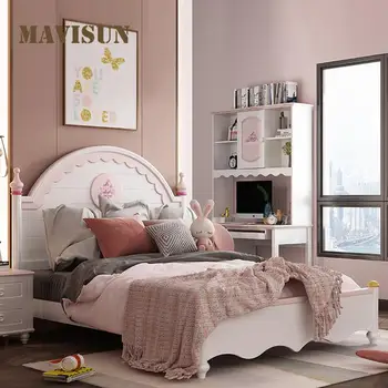 Basit çocuk yatağı Başucu Masa Ev yatak odası mobilyası Eşleşen Dolap Güzel katı ahşap Çerçeve Çocuk yatağı Kızlar İçin Görüntü