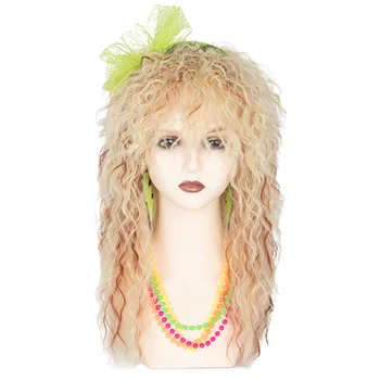 Bayan U Saç 80s Sarışın Peruk Kadınlar için Glam Rocker Peruk Cosplay Cadılar Bayramı Saç Yeşil Küpe bacak ısıtıcıları kafa Bandı Kolye Brac Görüntü