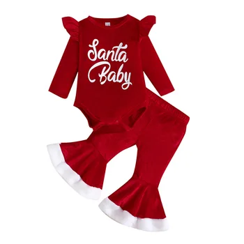 Bebek 3-24M Noel Yenidoğan Bebek Bebek Kız Giysileri Set Santa Romper Flare Pantolon Kadife Noel dış giyim 30 Görüntü