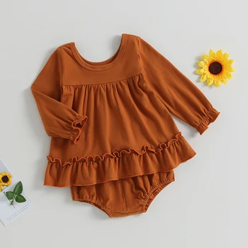 Bebek Kız 2 Adet yaz kıyafetleri Uzun Kollu Yuvarlak Boyun Elbise Üstleri Gaf şort takımı Bebek Giysileri Görüntü