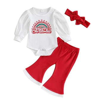 Bebek Kız Benim 1st Noel Kıyafetleri Mektup Uzun Kollu Romper Üstleri Çan Alt Pantolon Kafa Bandı ile 3 Adet giysi Görüntü