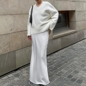 Beyaz Saten İnce Uzun Etek Kadınlar için Moda Zarif Trupet Yüksek Bel Etek Sonbahar Kış Akşam Parti Maxi Etekler 2023 Görüntü