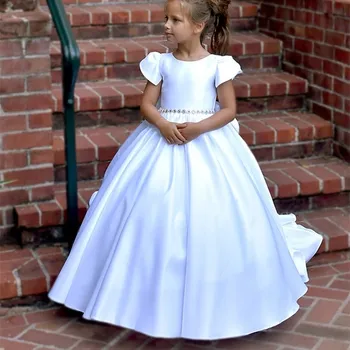 Beyaz Uzun Tren Prenses Çiçek Kız Elbise Withwedding Parti Elbise Çocuk Doğum Günü İlk Communion Balo Moda Özelleştirmek Görüntü
