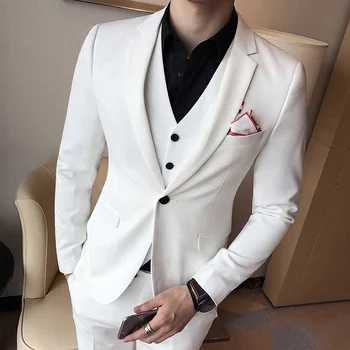 Beyaz slim fit uzun kollu erkek gömlek Takım Elbise Erkek Arkadaşı için 3 parça Özel Damat Smokin Çentikli Yaka Erkek Moda Kostüm Blazer Yelek Pantolon Görüntü